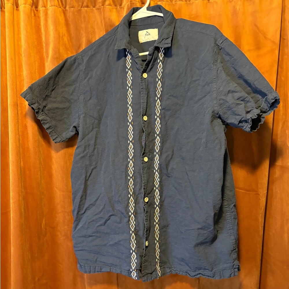 Folk Linen Button Down Shirt Navy L